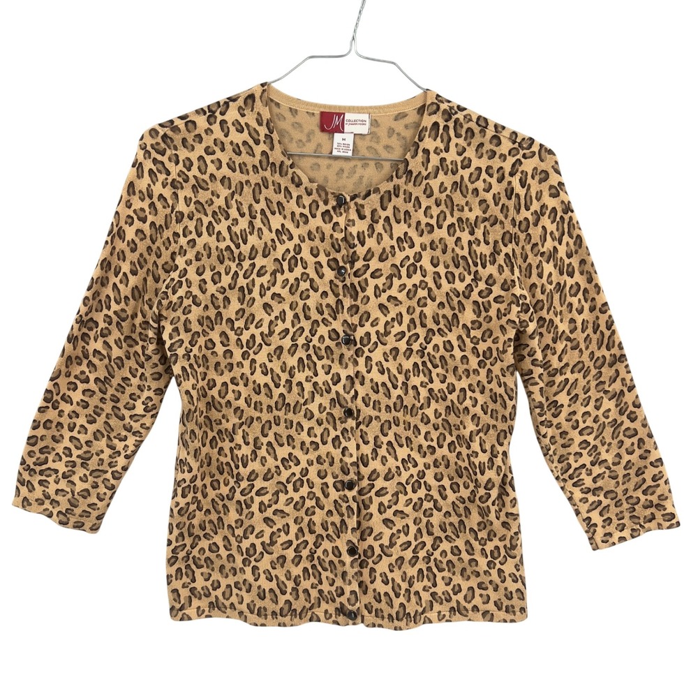Macy's Women's Leopard Cardigan Retro Pinup Tan Black 3/4 Sleeve Button Front M